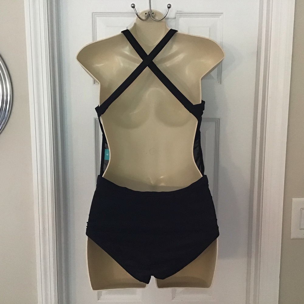 Coastal Blue Black Mesh Side Swimsuit Low Cut Back One Piece Size Medium - Picture 4 of 7